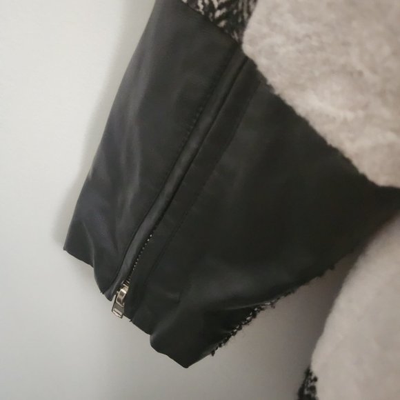 WALTER BAKER | Wool Tweed Faux leather jacket coat black cream sz L - Picture 6 of 7